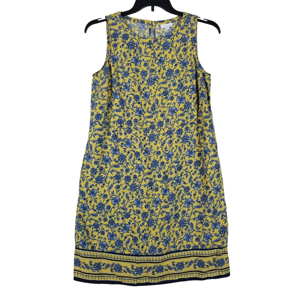 J. Jill Shift Dress Womens Small Yellow Blue Floral Love Linen Sleeveless Boho